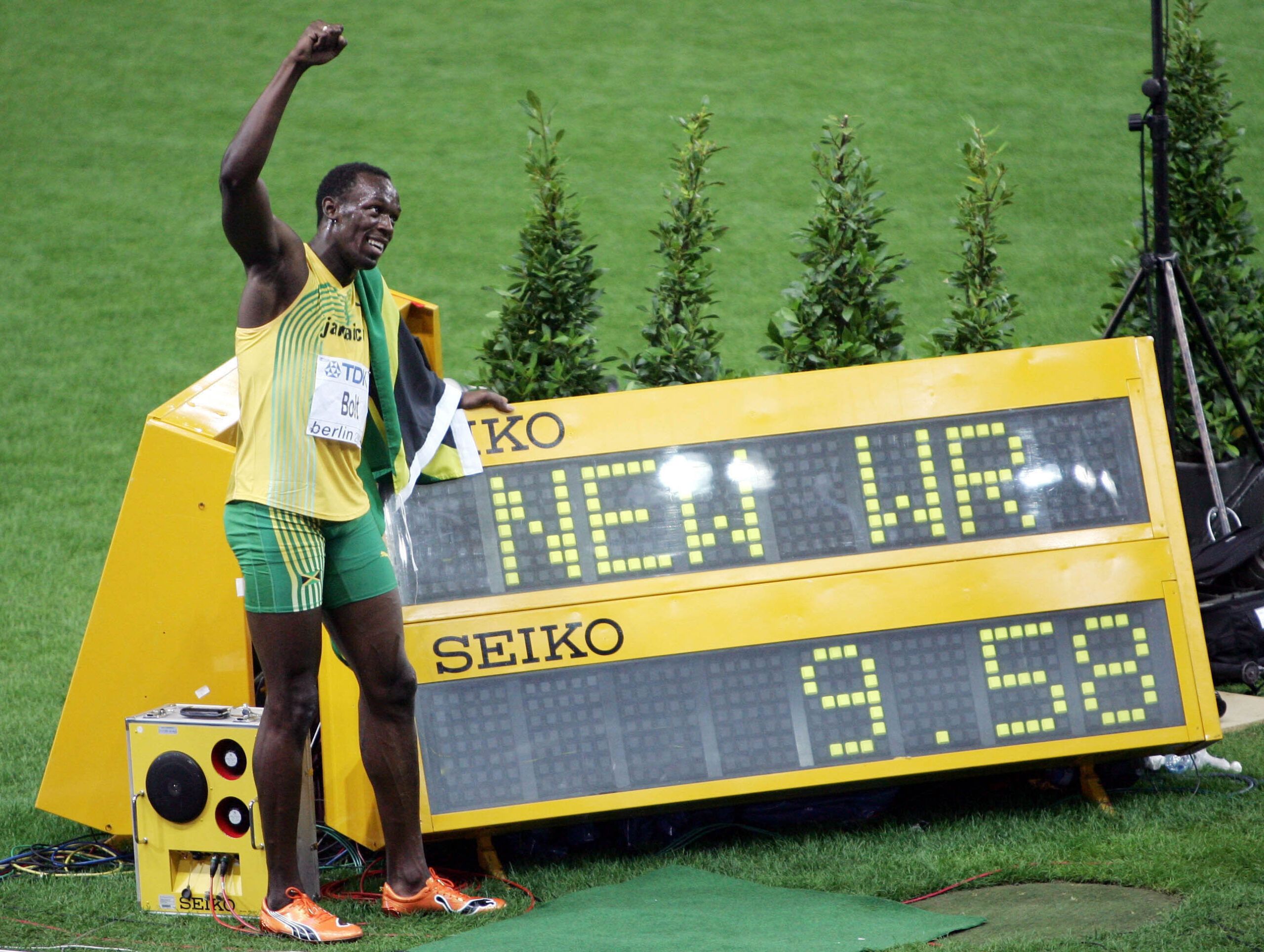 Usain Bolt depois de bater o recorde mundial na Alemanha, 2009.