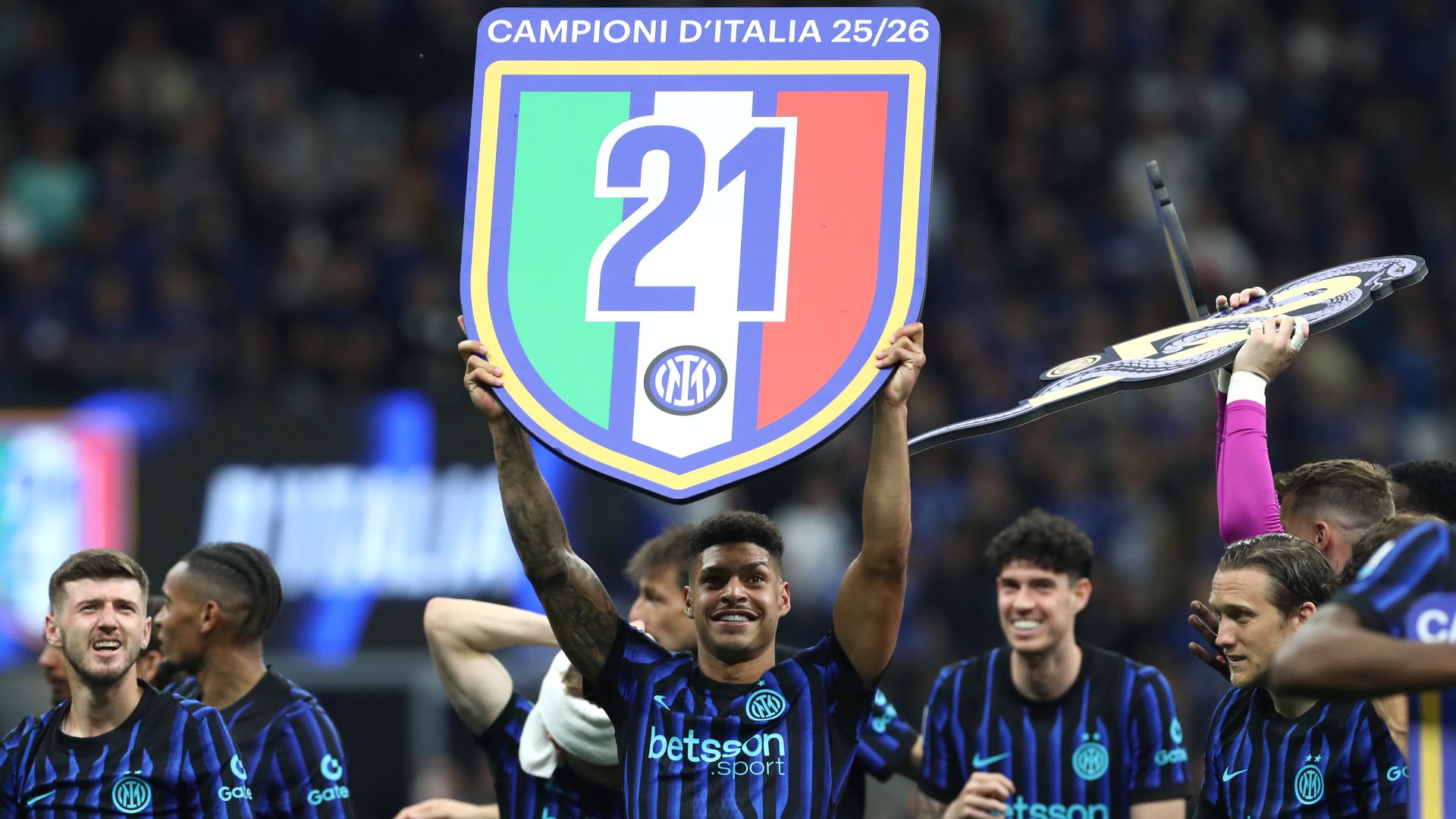 Luis Henrique of Internazionale Milano celebrates after being confirmed as Serie A champions