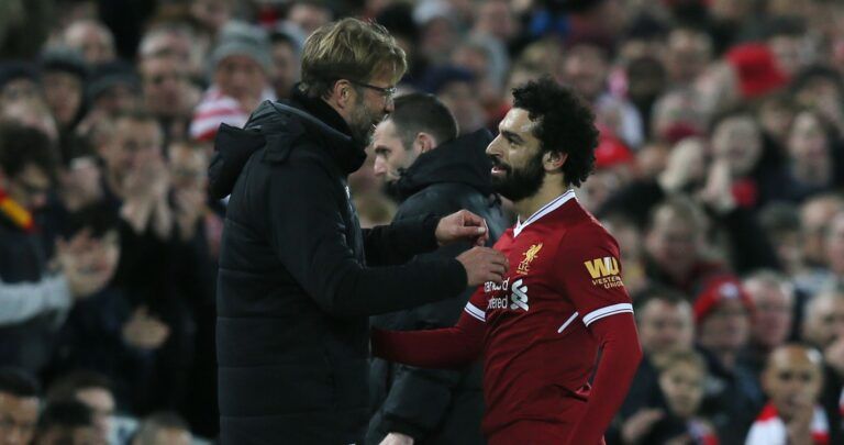 Ex-Liverpool manager Jürgen Klopp and winger Mohamed Salah at Anfield in 2017.