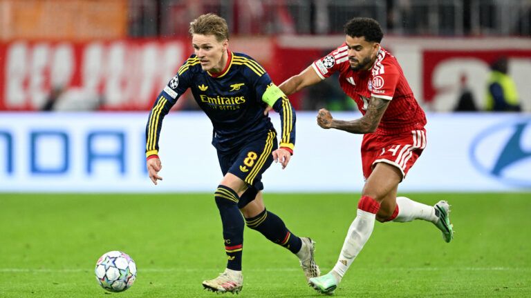 Martin Odegaard and Luis Diaz Bayern Munich v Arsenal UCL 10212026